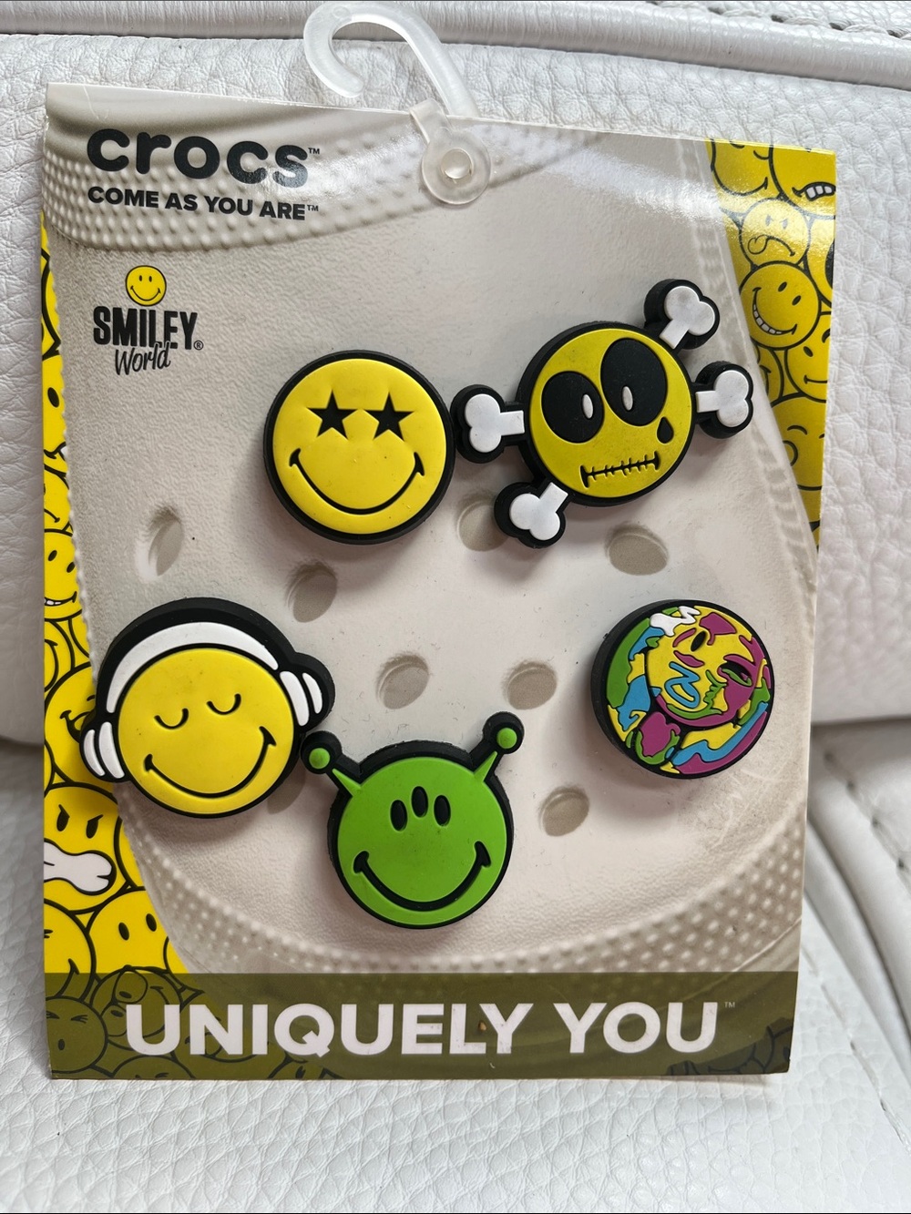 CROCS Smiley World Jibbitz Charms — Yellow Smile Faces & White Croc Graphic